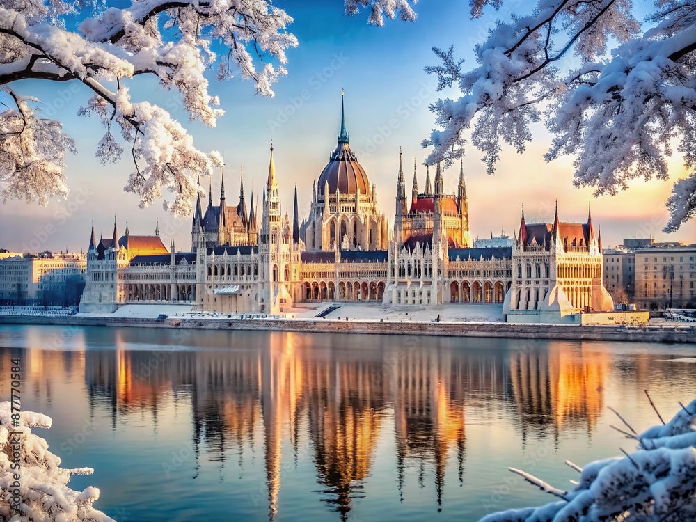 Fototapeta premium Majestic Hungarian Parliament Building stands proudly on snow-covered Danube riverbank in winter, surrounded by frosty trees and serene snowflakes gently falling in Budapest, Hungary.