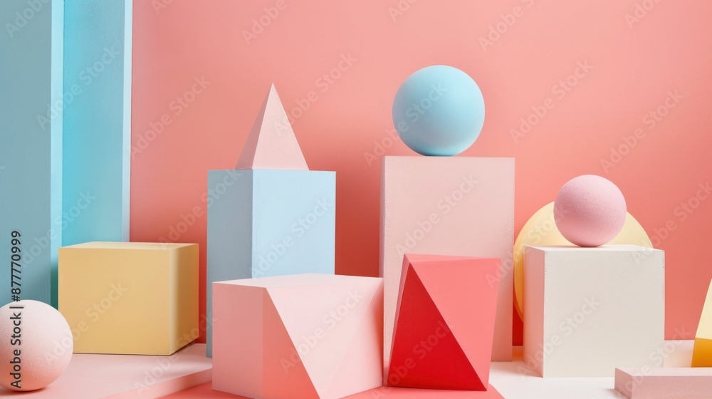 Colorful easter eggs, cubes and geometric shapes on a pink and blue background in celebration of spring Colorful easter eggs, cubes and geometric shapes on a pink and blue background in celebration of spring