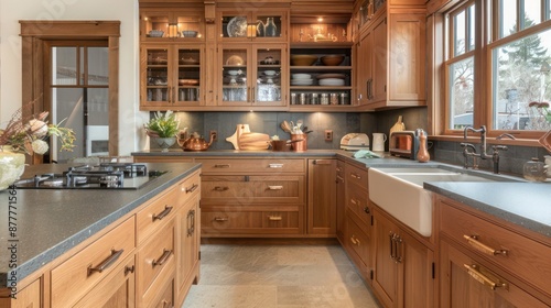 detailed craftsman kitchen with oak cabinets, soapstone countertops, and copper accents