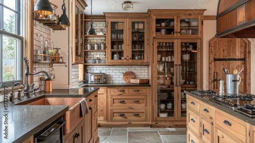 detailed craftsman kitchen with oak cabinets, soapstone countertops, and copper accents