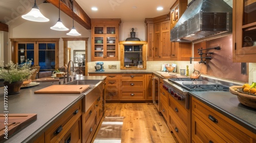detailed craftsman kitchen with oak cabinets, soapstone countertops, and copper accents