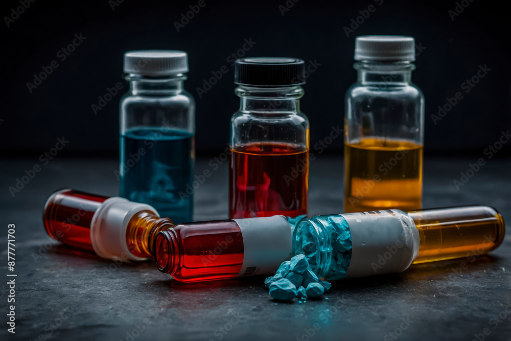 Vials With Colorful Liquids And Spilled Blue Pills Vials With Colorful Liquids And Spilled Blue Pills