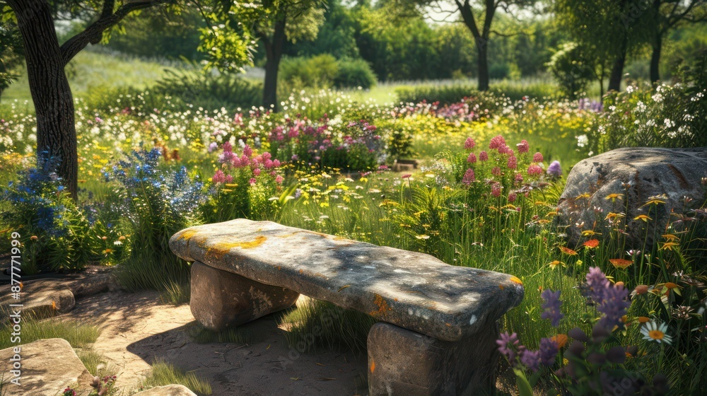 hand-laid stone bench in a craftsman garden, surrounded by a wildflower meadow and shaded by mature trees hand-laid stone bench in a craftsman garden, surrounded by a wildflower meadow and shaded by mature trees