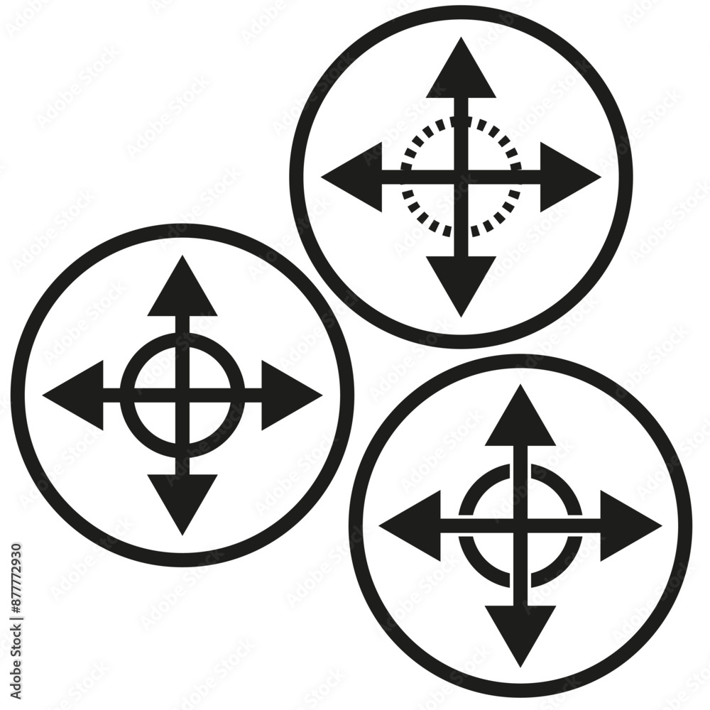 Direction arrow icons. Circular symbols. Black and white. Vector illustration. Direction arrow icons. Circular symbols. Black and white. Vector illustration.