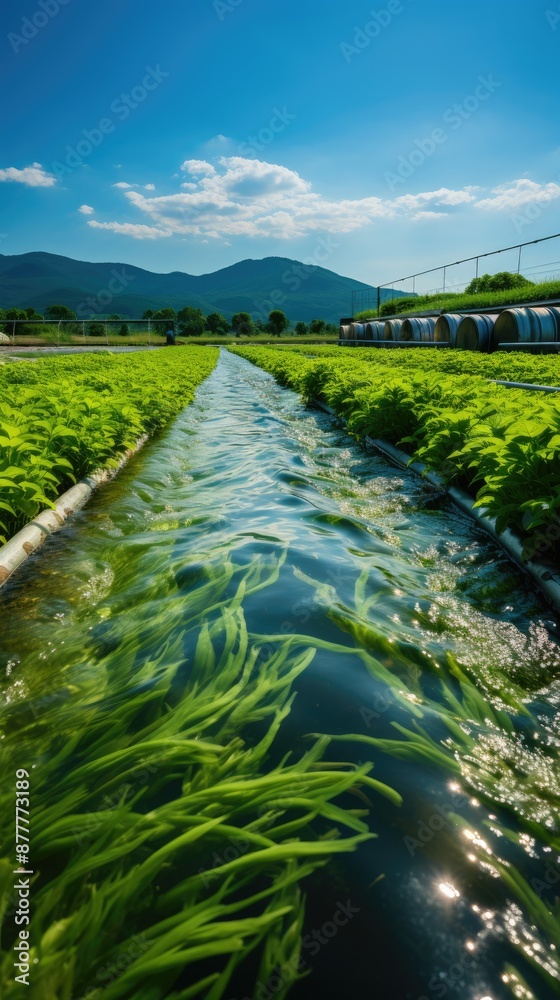 Obraz premium a water stream with plants growing in it and a mountain in the background.