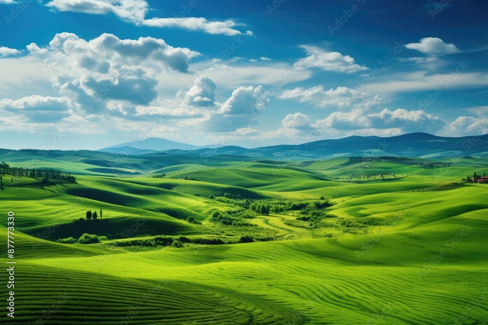 a green field with trees and hills in the background, panoramic view of rolling hills in the countryside a green field with trees and hills in the background, panoramic view of rolling hills in the countryside