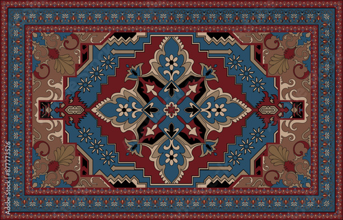 Asian carpet. Red abstract pattern mat. Traditional ethnic tribal pattern. Aztec