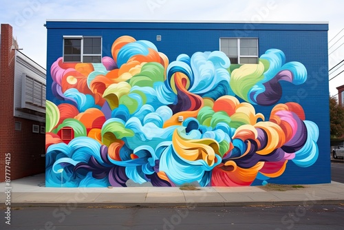 a large colorful mural on the side of a building, rainbow-colored street art mural photo