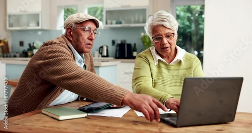 Senior couple, finance or laptop for banking update, mortgage balance or household bills. Retirement fund, planning or elderly people reading on tablet, pension policy or financial summary online photo