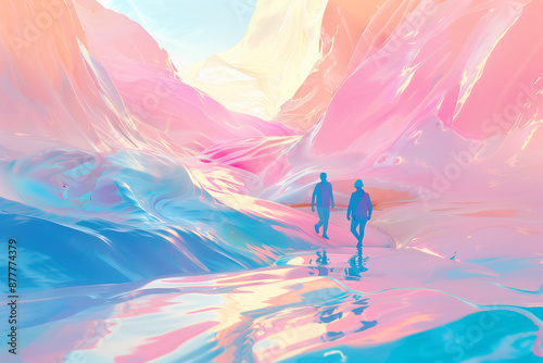 Traveler hiking and exploring in winter ice pastel mountains, Travel in nature on holiday vacation. Abstract and surreal background. photo
