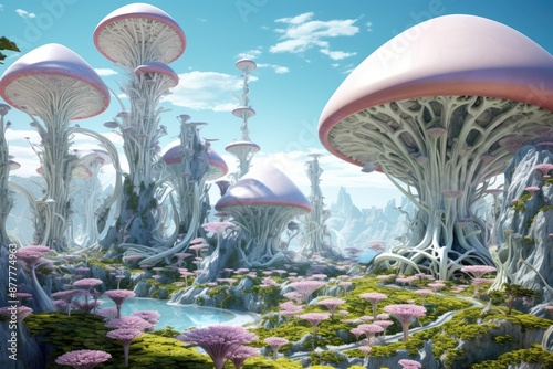 a group of mushrooms that are standing in the grass, An alien planet landscape with bizarre florand fauna