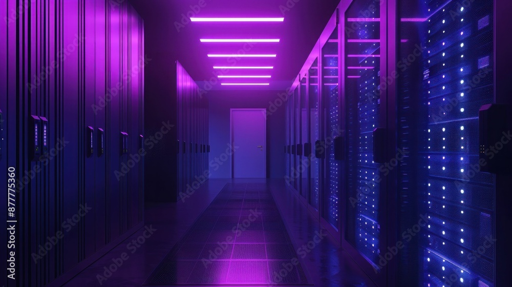 Digital journey through the technological wonderland exploring a long hallway of servers with purple lights Digital journey through the technological wonderland exploring a long hallway of servers with purple lights