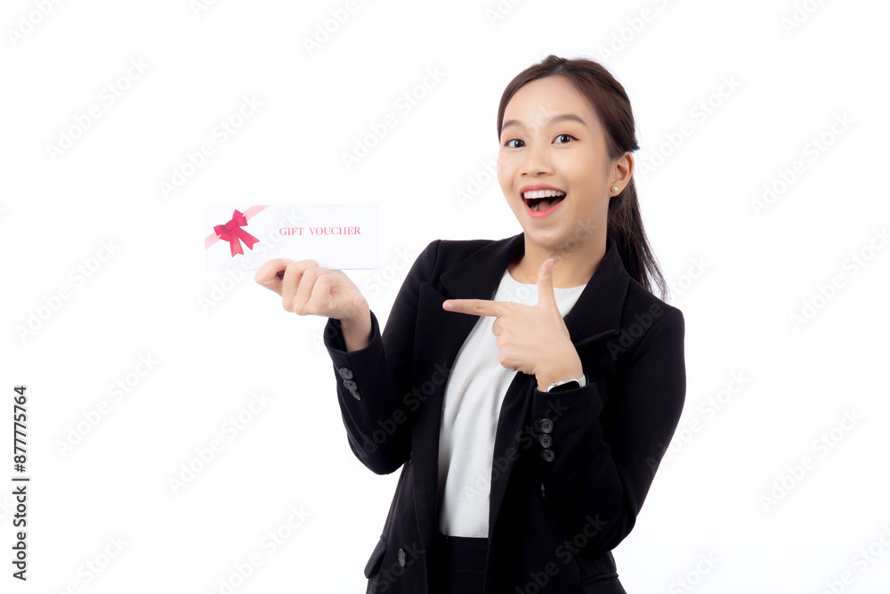 Portrait happiness beautiful young asian businesswoman showing and present gift voucher or coupon with satisfied isolated white background, business woman shopping, discount sale and promotion. Portrait happiness beautiful young asian businesswoman showing and present gift voucher or coupon with satisfied isolated white background, business woman shopping, discount sale and promotion.
