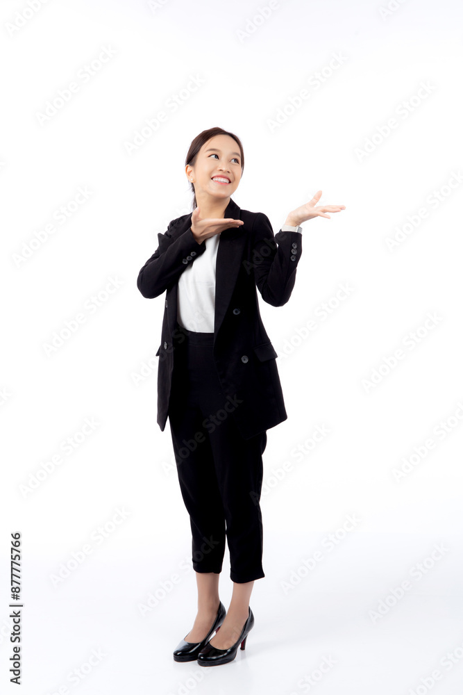 Portrait young asian business woman presenting with surprise and excited isolated white background, advertising and marketing, executive and manager, businesswoman showing something with satisfied. Portrait young asian business woman presenting with surprise and excited isolated white background, advertising and marketing, executive and manager, businesswoman showing something with satisfied.