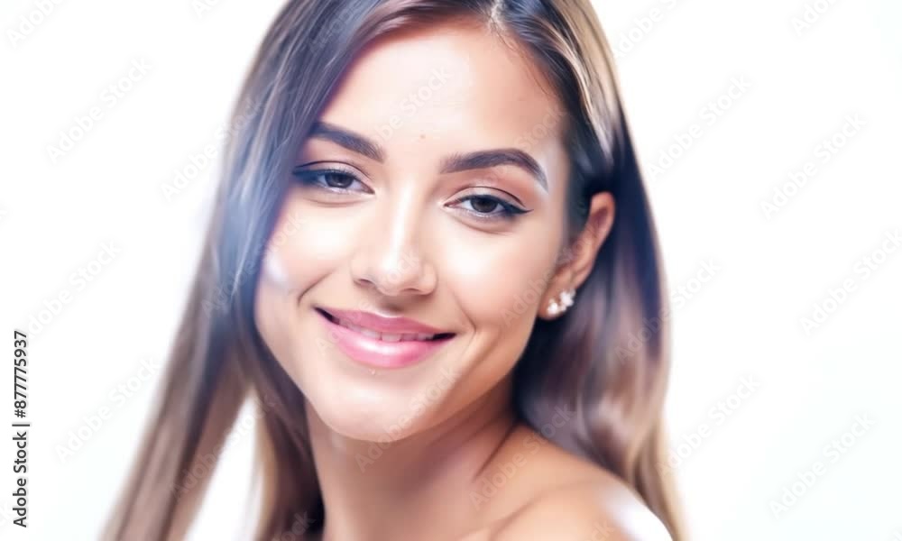 Video portrait of young woman with long brown hair smiling softly at the camera against a white background Video portrait of young woman with long brown hair smiling softly at the camera against a white background