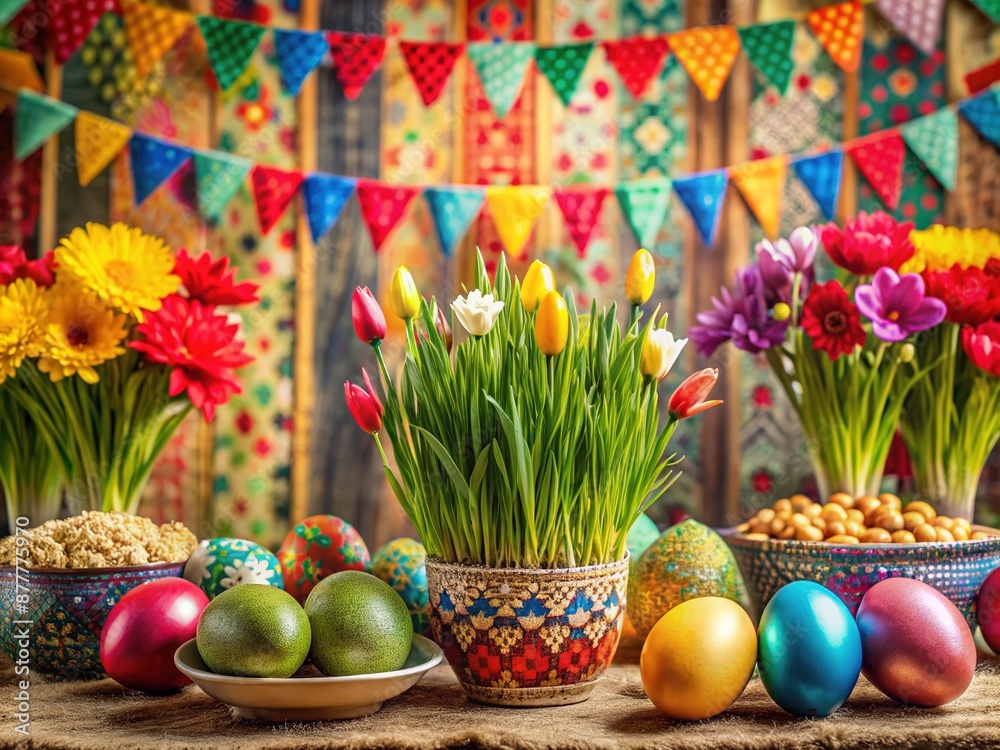 Vibrant postcard with traditional Novruz Bayram background featuring colorful spring flowers, painted eggs, and wheat germ, adorned with a festive banner celebrated spring equinox. Vibrant postcard with traditional Novruz Bayram background featuring colorful spring flowers, painted eggs, and wheat germ, adorned with a festive banner celebrated spring equinox.
