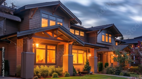 suburban Craftsman home at dusk, with warm light glowing from windows framed by handcrafted wooden trims