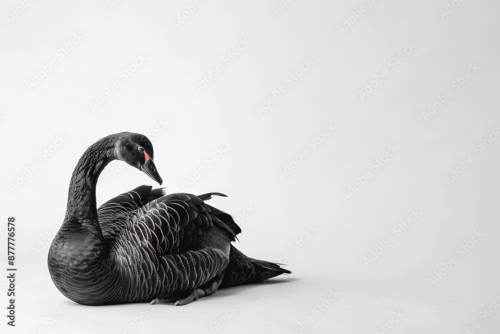 Fototapeta premium the beside view of a Black Swan, left side view, white copy space on right, dutch angle view, isolated on white background
