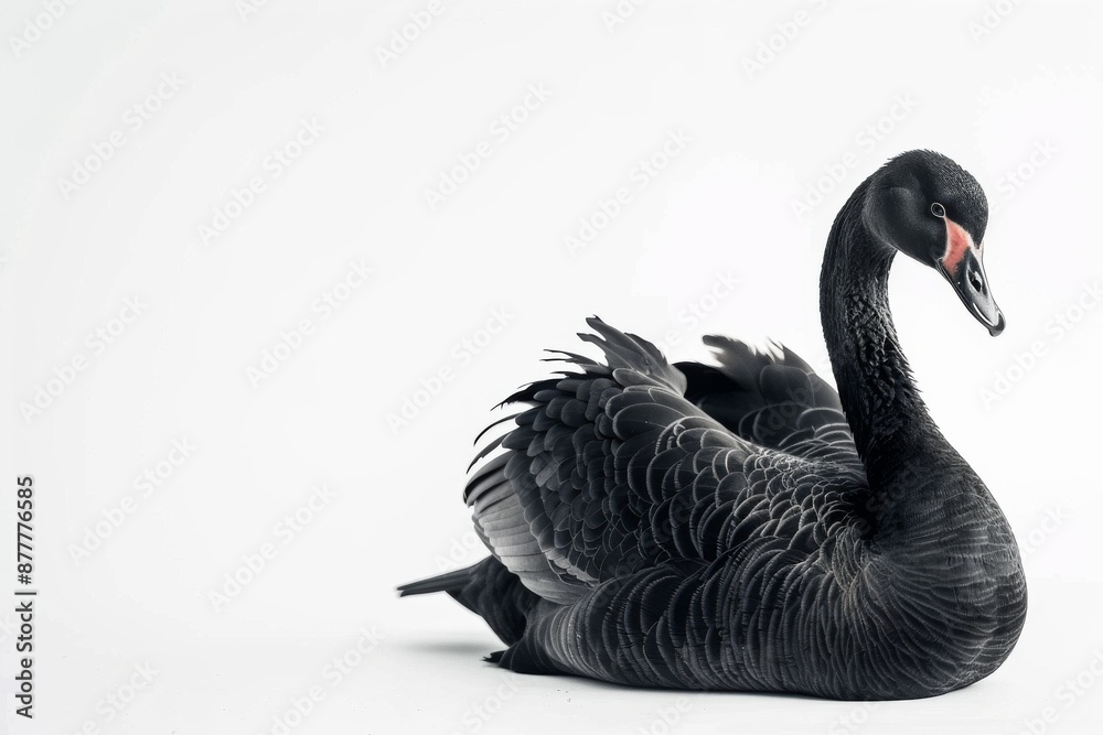 Fototapeta premium the beside view of a Black Swan, left side view, white copy space on right, dutch angle view, isolated on white background