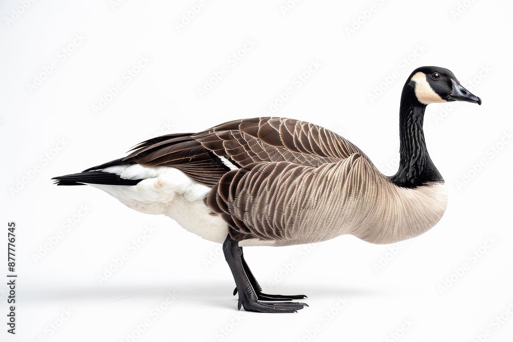 the beside view of a Canada Goose, left side view, white copy space on right, dutch angle view, isolated on white background the beside view of a Canada Goose, left side view, white copy space on right, dutch angle view, isolated on white background