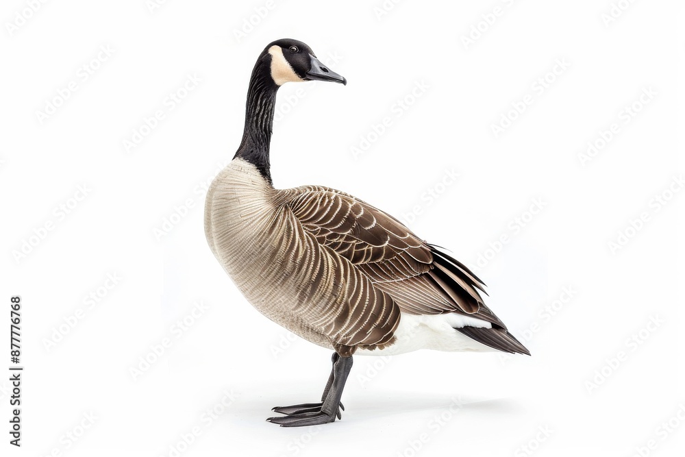 the beside view of a Canada Goose, left side view, white copy space on right, dutch angle view, isolated on white background the beside view of a Canada Goose, left side view, white copy space on right, dutch angle view, isolated on white background