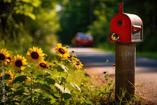 a mailbox with a bunch of flowers in the background, Snail mail delivered by ladybug, mailbox blooming sunflower