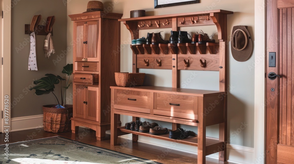 Craftsman-inspired entryway with a wooden shoe organizer and matching wall decor, creating an organized and inviting space Craftsman-inspired entryway with a wooden shoe organizer and matching wall decor, creating an organized and inviting space