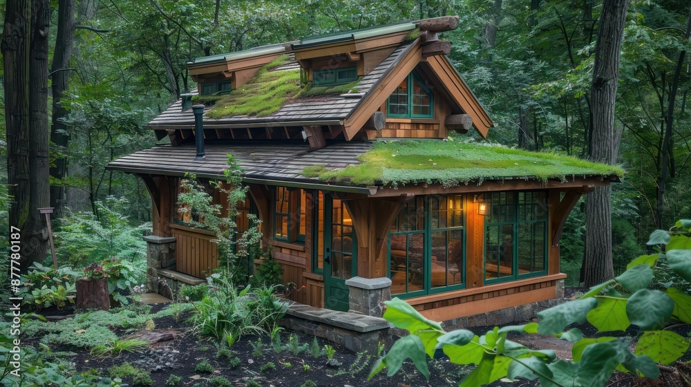 Craftsman-style garden shed with custom woodwork and a green roof, blending into the natural surroundings Craftsman-style garden shed with custom woodwork and a green roof, blending into the natural surroundings