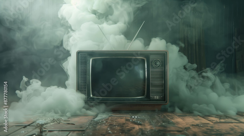 Vintage TV Set, smoke-filled room, horror theme