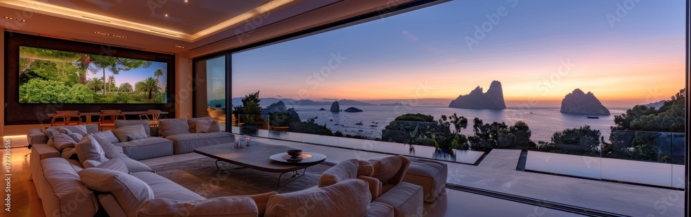 Panoramic Terrace with Stunning View of Blue Lagoon in Modern House with Opened Windows and Rock Formation Panoramic Terrace with Stunning View of Blue Lagoon in Modern House with Opened Windows and Rock Formation