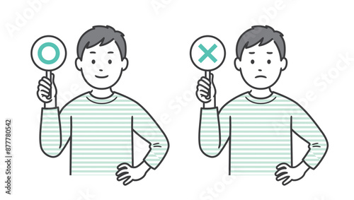 まるばつの札を持ち腰に手を当てる男性の上半身イラスト素材