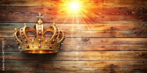 Elegant wooden background adorned with a regal crown and inspirational watercolor text, exuding reverence and adoration, perfect for Christian worship and praise themes.