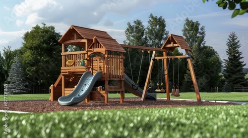 Craftsman-style outdoor wooden playset, featuring a slide and swings, designed with safety and durability in mind