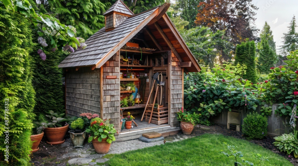 Craftsman-style shed in a backyard garden, with wooden shingles and space for storing gardening tools Craftsman-style shed in a backyard garden, with wooden shingles and space for storing gardening tools