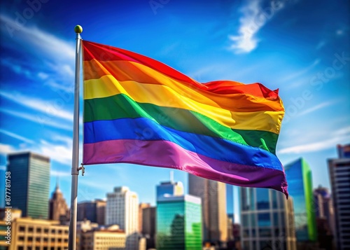 Vibrant colors of progress pride flag waving in the wind, symbolizing unity, love, and diversity, with a blurred urban background and bright blue sky. photo