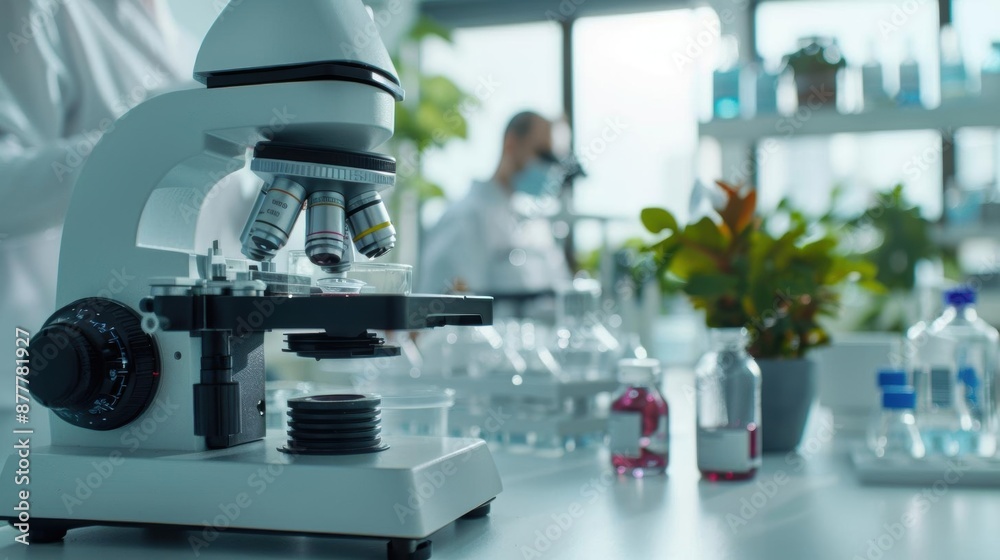 Close-up of a microscope in a laboratory setting with a scientist in the background.