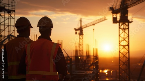 Two construction workers silhouetted against the setting sun at a construction site.