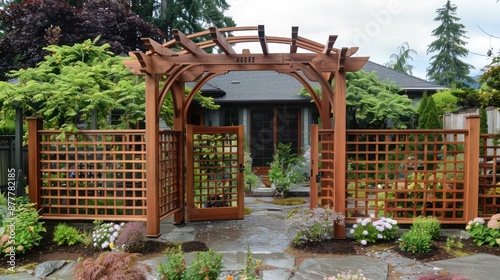 Craftsman-style wooden trellis gate, featuring detailed craftsmanship and a welcoming design for garden entries photo