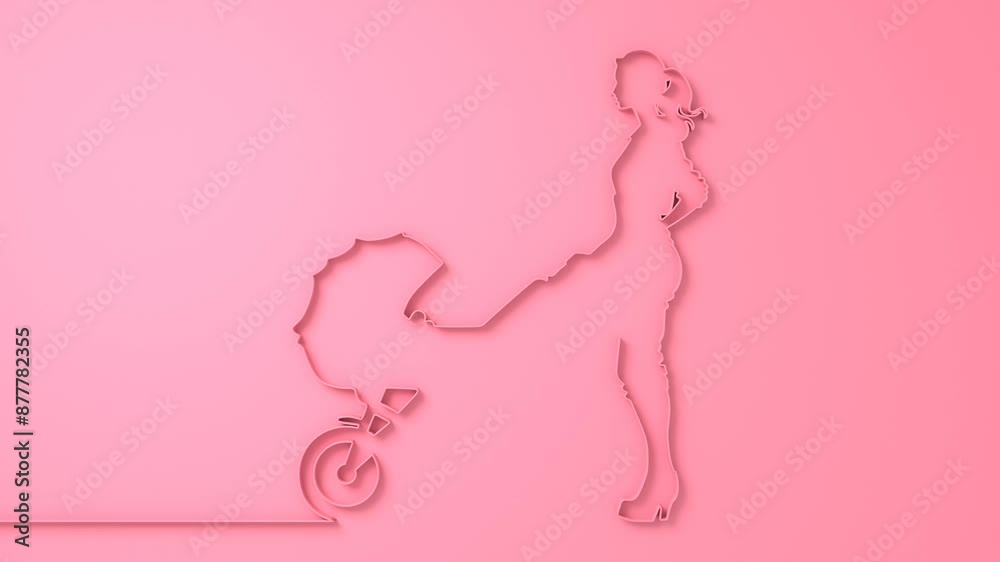 Young mother walking with her baby in stroller. Maternity and paternity concept. Young mom character walk with child in carriage. Young mother walking with her baby in stroller. Maternity and paternity concept. Young mom character walk with child in carriage.