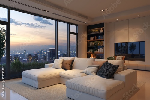 Modern Minimalist Living Room with White Corner Sofa and Floor-to-Ceiling Window