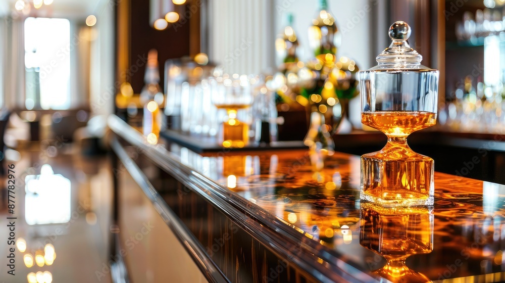 Close-up shot of a luxurious bar counter with elegant glass decanters filled with amber liquid, enhancing the upscale and refined ambiance.