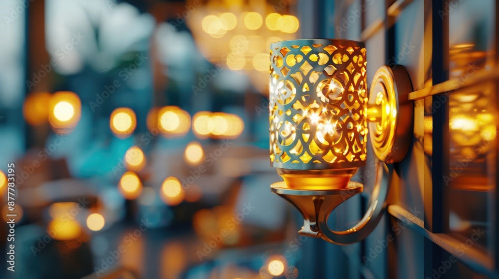 Elegant wall sconce with intricate design, illuminating a cozy outdoor setting with warm light, creating a romantic atmosphere.