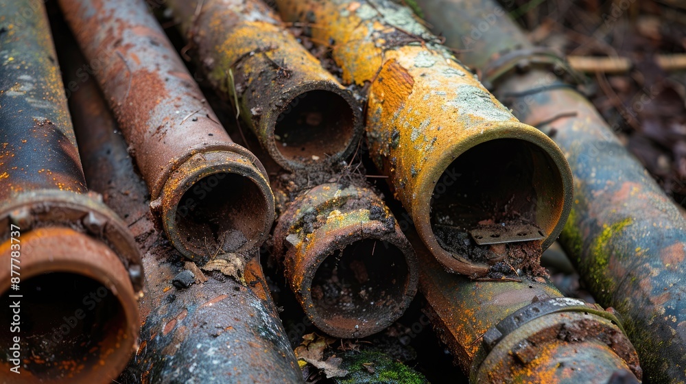 Close up surface of abandoned old water pipes for recycling suitable for backgrounds and copy space Close up surface of abandoned old water pipes for recycling suitable for backgrounds and copy space