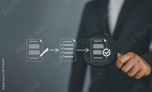 Magnifying glass focus to Approve document icon on white background for business process workflow illustrating management approval and and project approve concept.