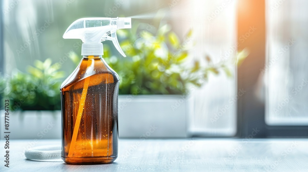 Amber spray bottle with cleaner on a table near window with sunlight and plant pots in the background, conveying cleanliness and freshness. Amber spray bottle with cleaner on a table near window with sunlight and plant pots in the background, conveying cleanliness and freshness.
