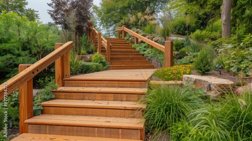 hand-laid wooden Craftsman-style outdoor stairway, designed with steps and railings for safe access to different garden levels hand-laid wooden Craftsman-style outdoor stairway, designed with steps and railings for safe access to different garden levels