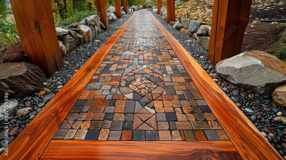 hand-laid wooden Craftsman-style walkway, featuring a mosaic pattern of different woods for a unique garden path hand-laid wooden Craftsman-style walkway, featuring a mosaic pattern of different woods for a unique garden path
