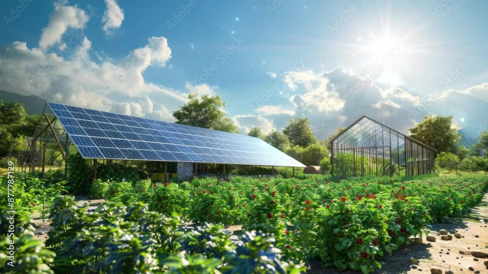 A sustainable farm showcasing the innovative agrivoltaics concept, where solar panels are harmoniously integrated above crops to maximize land use for renewable energy and agriculture. 