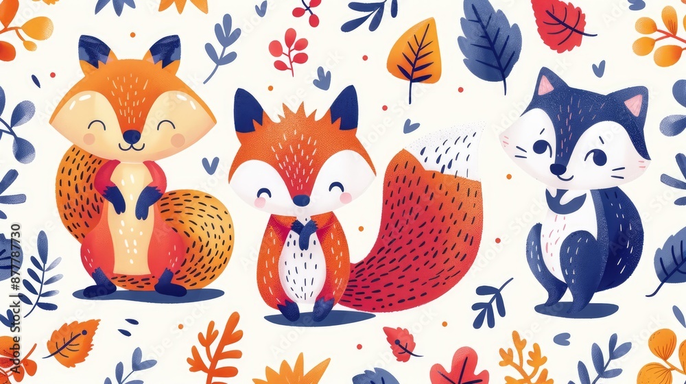 Obraz premium Enchanting Whimsical Forest Creatures Doodle Style with Foxes, Hedgehogs, and Squirrels in Vibrant Colors and Simple Lines for Fun Designs, Generative Ai