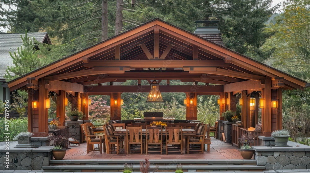 handcrafted wooden Craftsman-style outdoor dining pavilion, perfect for al fresco meals and entertaining